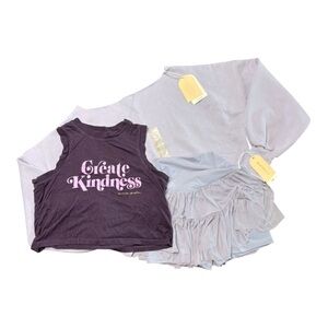 3 PIECE SET Spiritual Gangster Purple Tee LOGILATES lilac skorts off shoulder